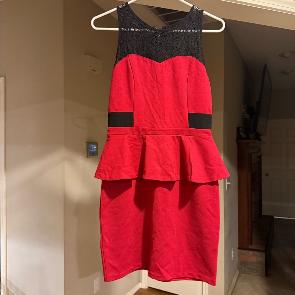 Kensie Red Dress with Black Lace Overlay